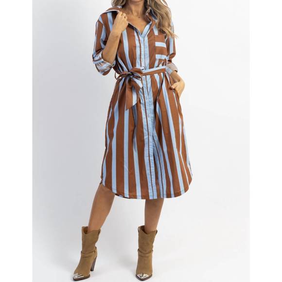 NEW CRESCENT monica bold stripe midi dress in blue/brown - Picture 1 of 6